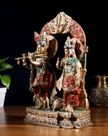 Handcrafted Brass Radha Krishna Idol - Ecstatic Posture 14 inch with stonework - Budhshiv.com