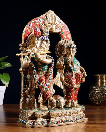 Handcrafted Brass Radha Krishna Idol - Ecstatic Posture 14 inch with stonework - Budhshiv.com