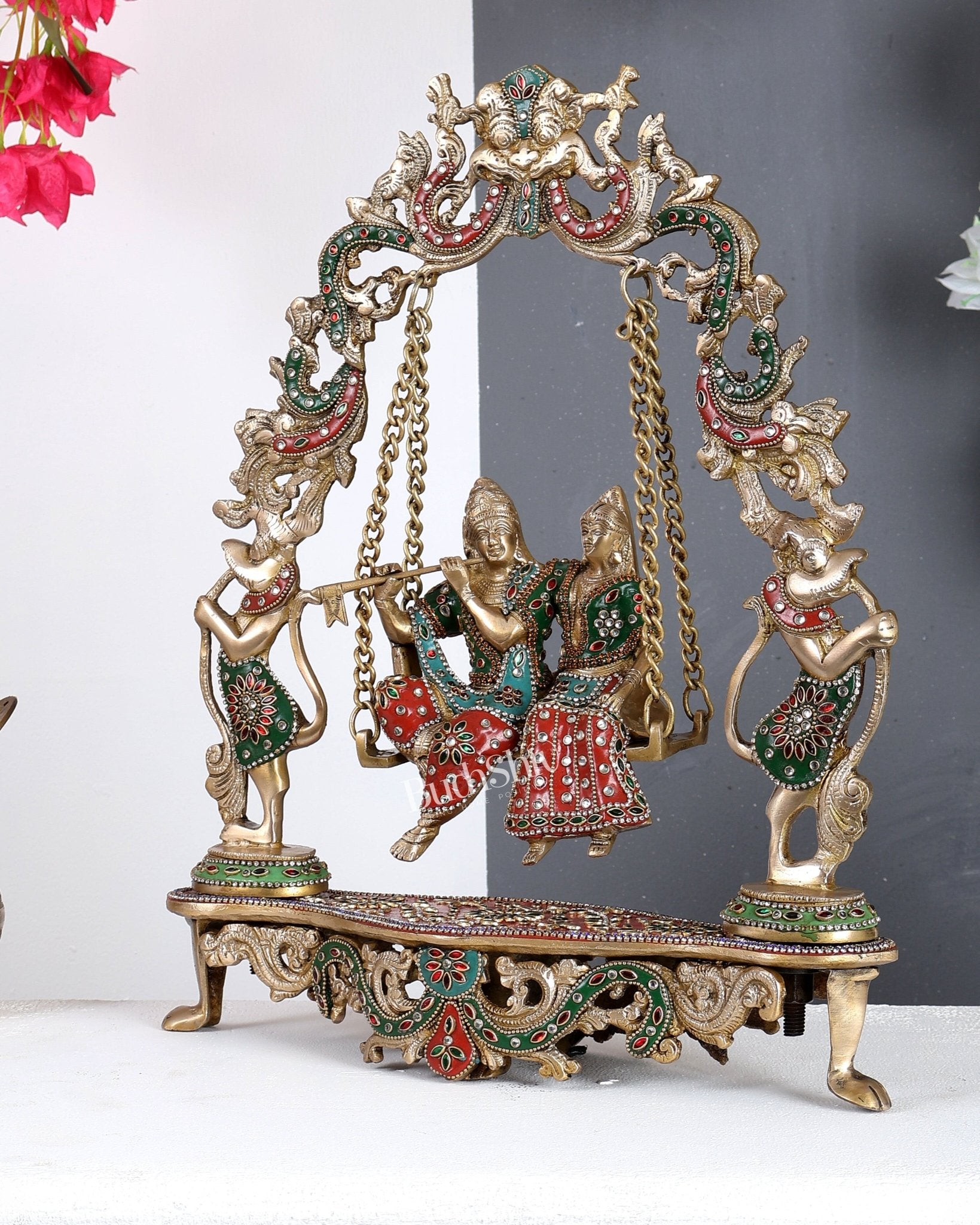Handcrafted Brass Radha Krishna on Swing idol 18 inch with meenakari Stonework - Budhshiv.com