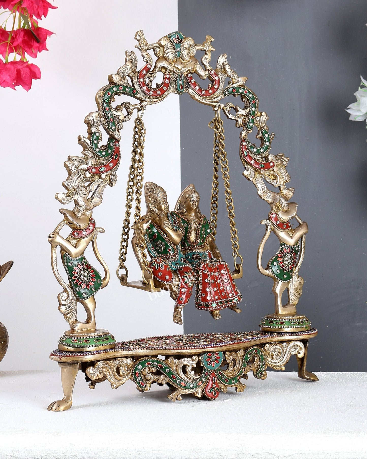 Handcrafted Brass Radha Krishna on Swing idol 18 inch with meenakari Stonework - Budhshiv.com