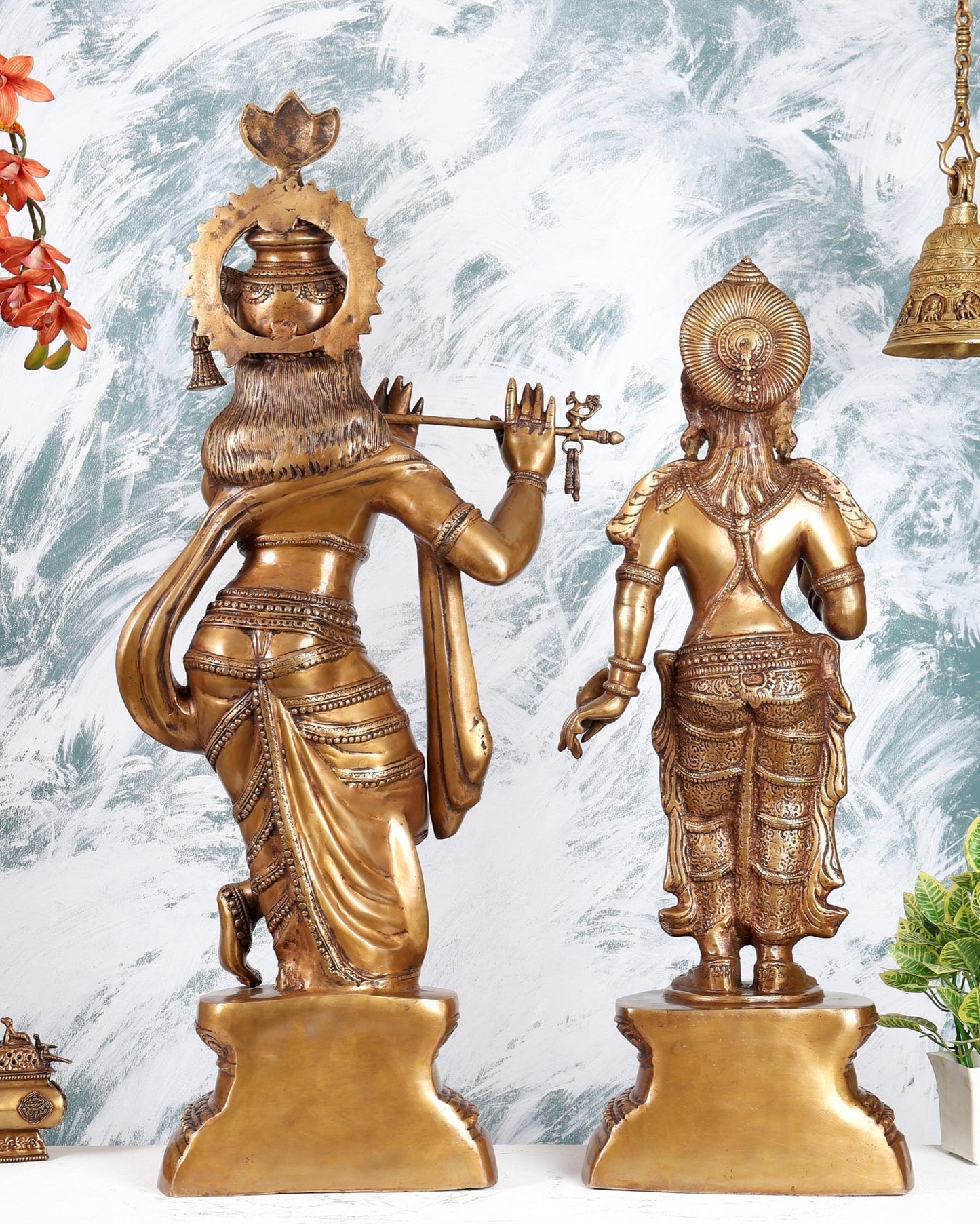 Handcrafted Brass Radha Krishna Statues - 36" Height vintage tone - Budhshiv.com