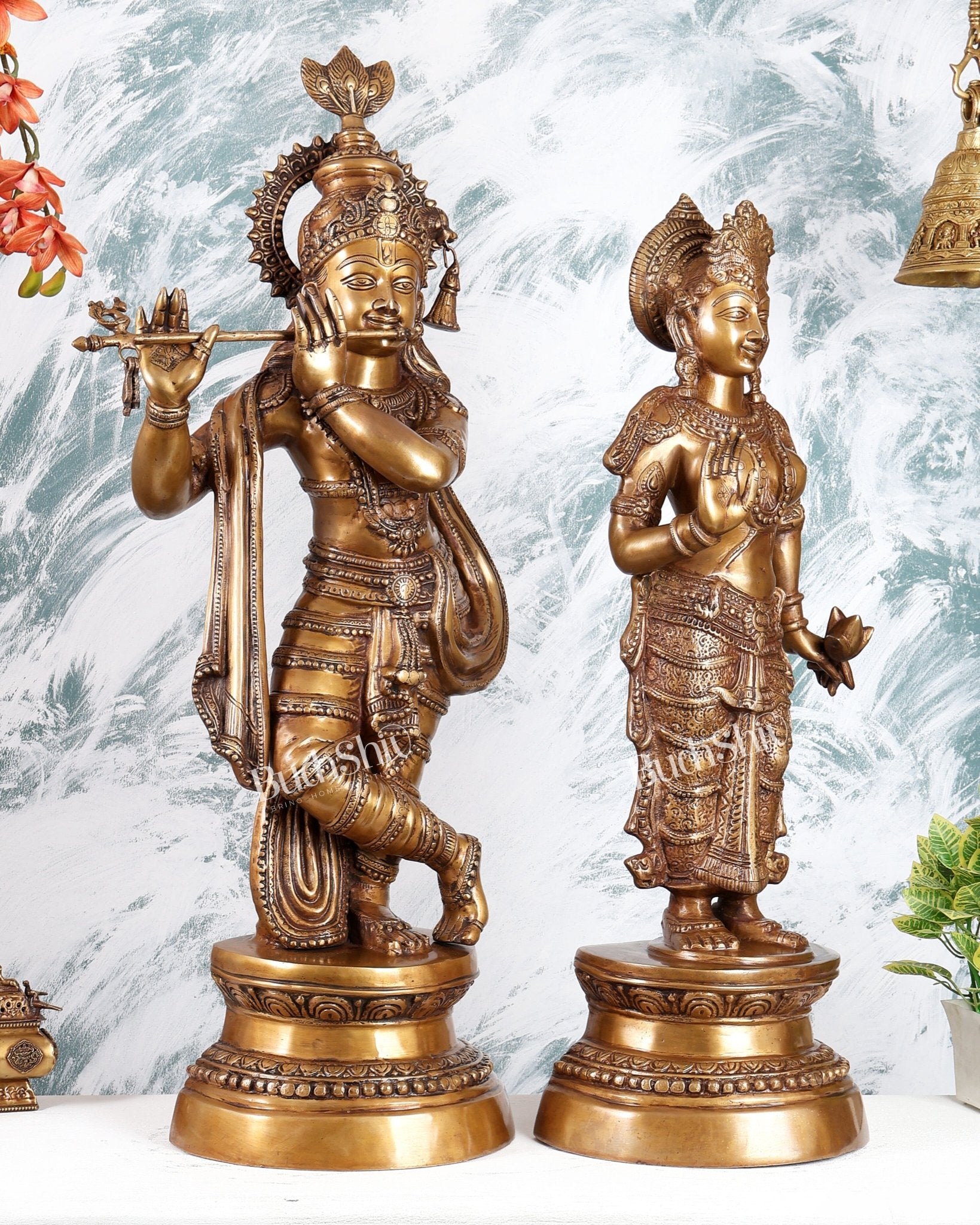 Handcrafted Brass Radha Krishna Statues - 36" Height vintage tone - Budhshiv.com