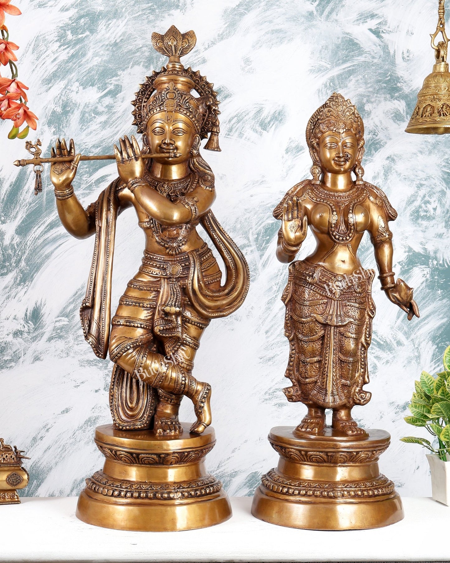 Handcrafted Brass Radha Krishna Statues - 36" Height vintage tone - Budhshiv.com
