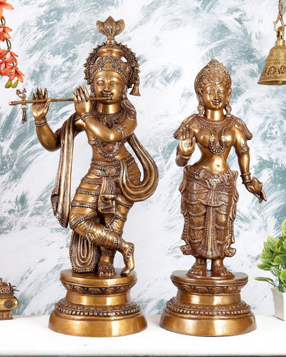 Handcrafted Brass Radha Krishna Statues - 36" Height vintage tone - Budhshiv.com