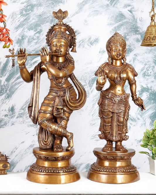 Handcrafted Brass Radha Krishna Statues - 36" Height vintage tone - Budhshiv.com