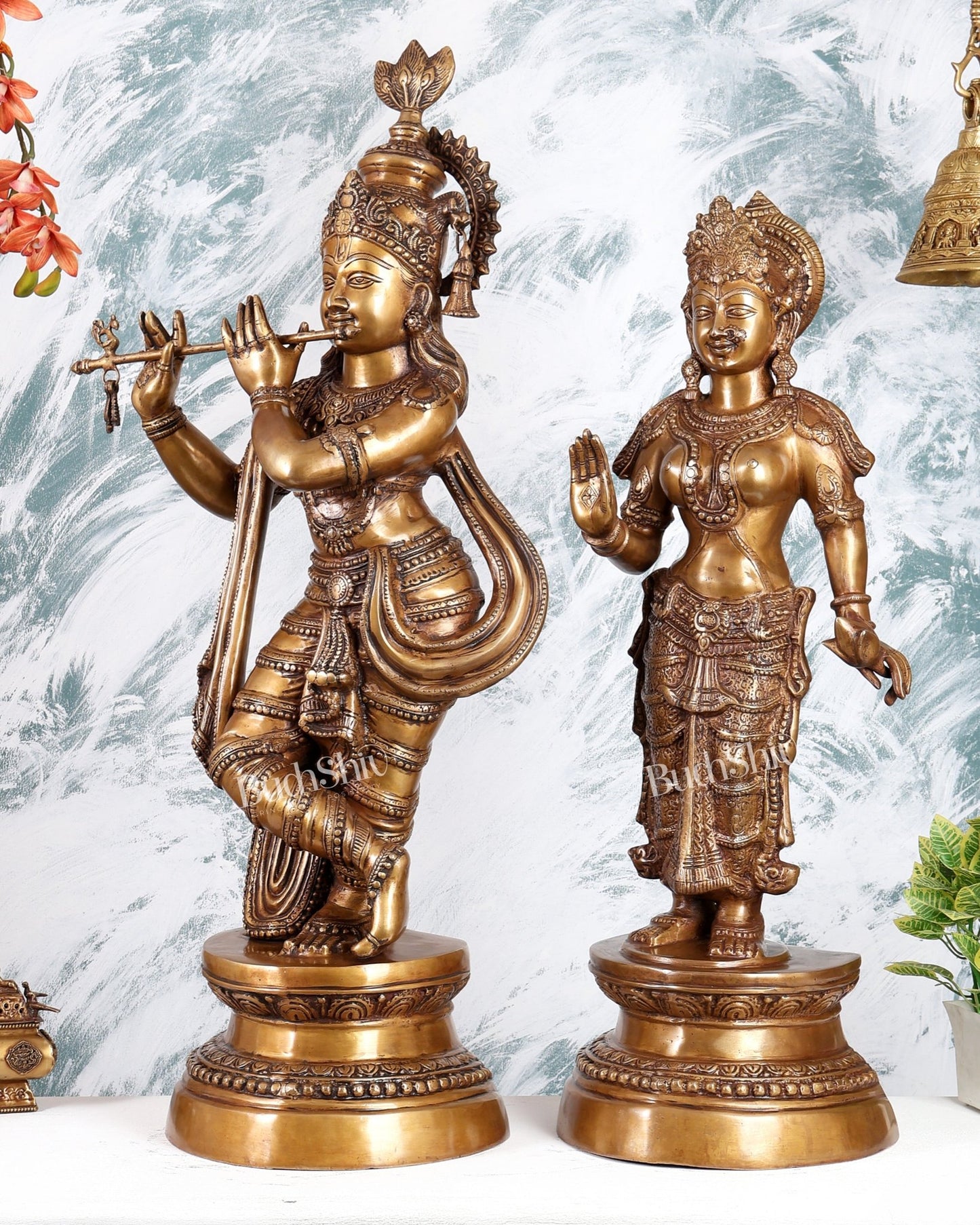 Handcrafted Brass Radha Krishna Statues - 36" Height vintage tone - Budhshiv.com