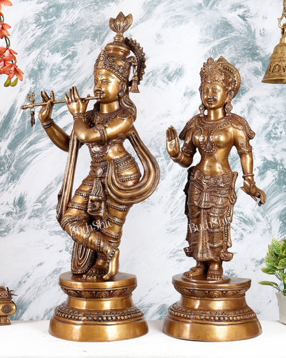 Handcrafted Brass Radha Krishna Statues - 36" Height vintage tone - Budhshiv.com