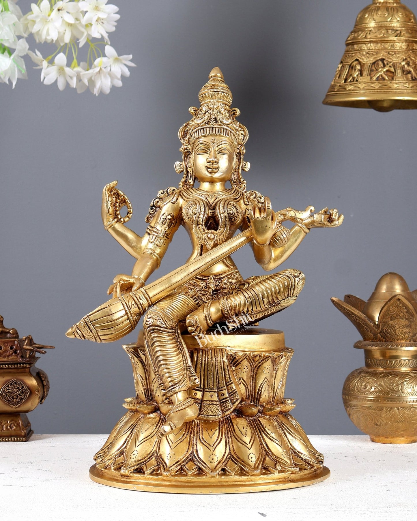 Handcrafted Brass Saraswati Statue 15" Height - Budhshiv.com