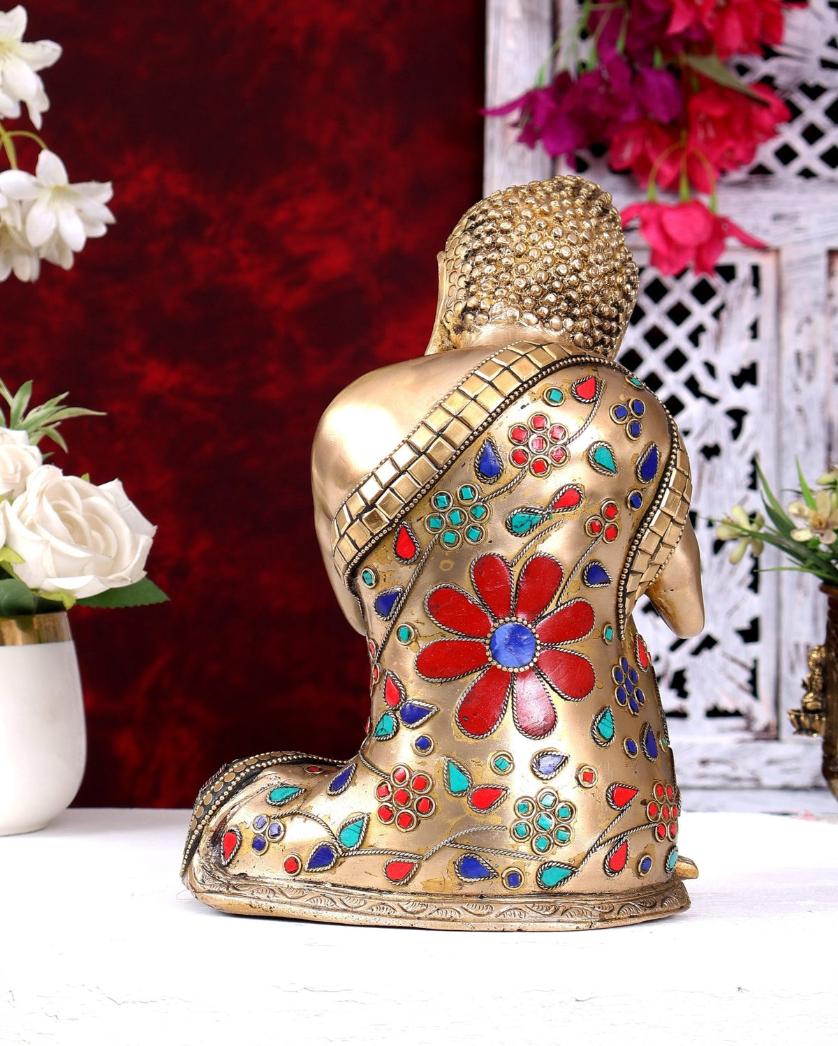 Handcrafted Brass Thinking Buddha Statue | Floral Meenakari Stonework 9 inch - Budhshiv.com