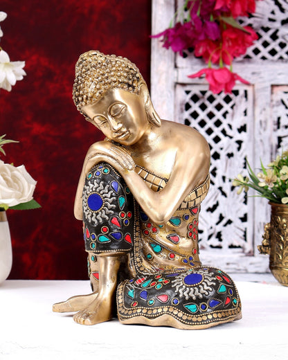 Handcrafted Brass Thinking Buddha Statue | Floral Meenakari Stonework 9 inch - Budhshiv.com