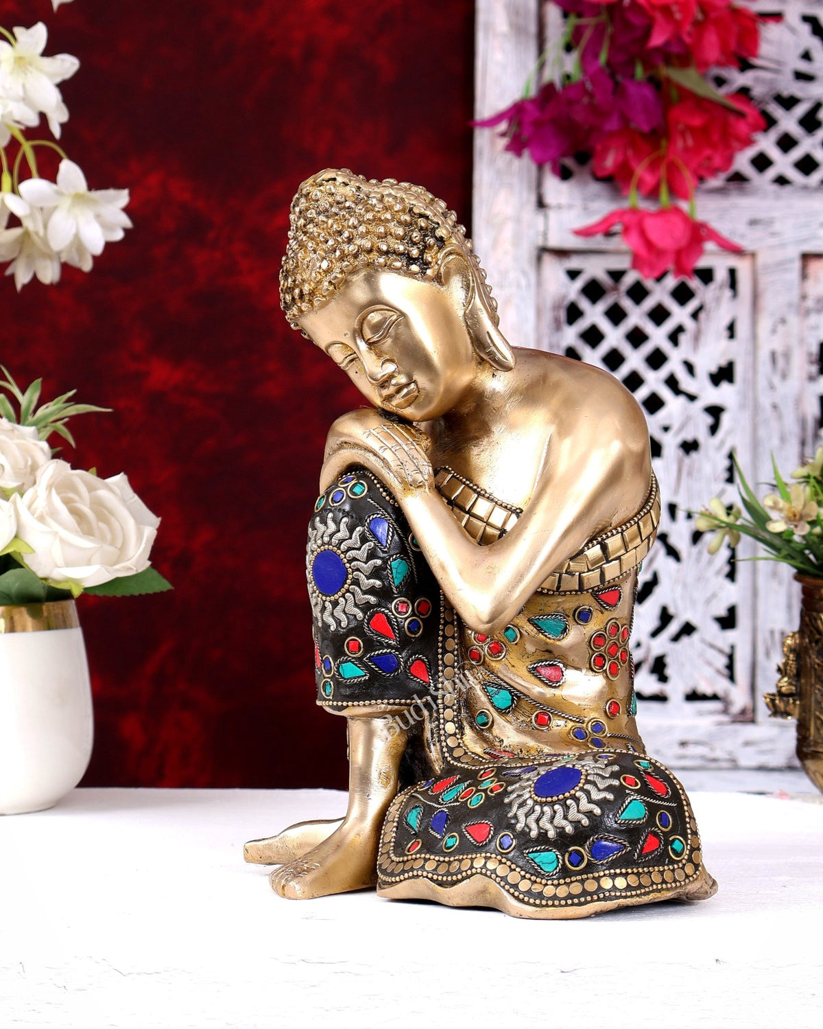 Handcrafted Brass Thinking Buddha Statue | Floral Meenakari Stonework 9 inch - Budhshiv.com