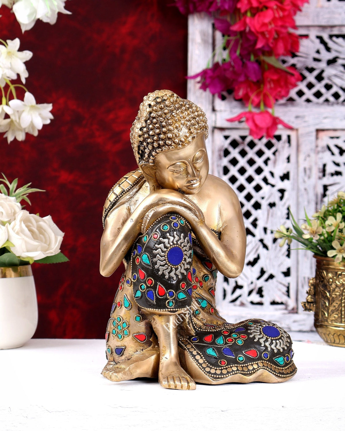 Handcrafted Brass Thinking Buddha Statue | Floral Meenakari Stonework 9 inch - Budhshiv.com
