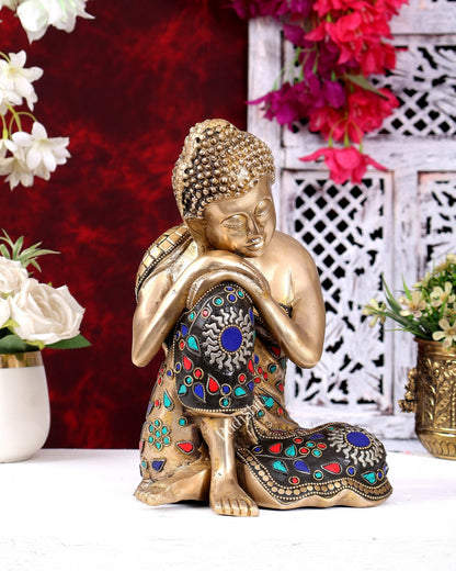 Handcrafted Brass Thinking Buddha Statue | Floral Meenakari Stonework 9 inch - Budhshiv.com