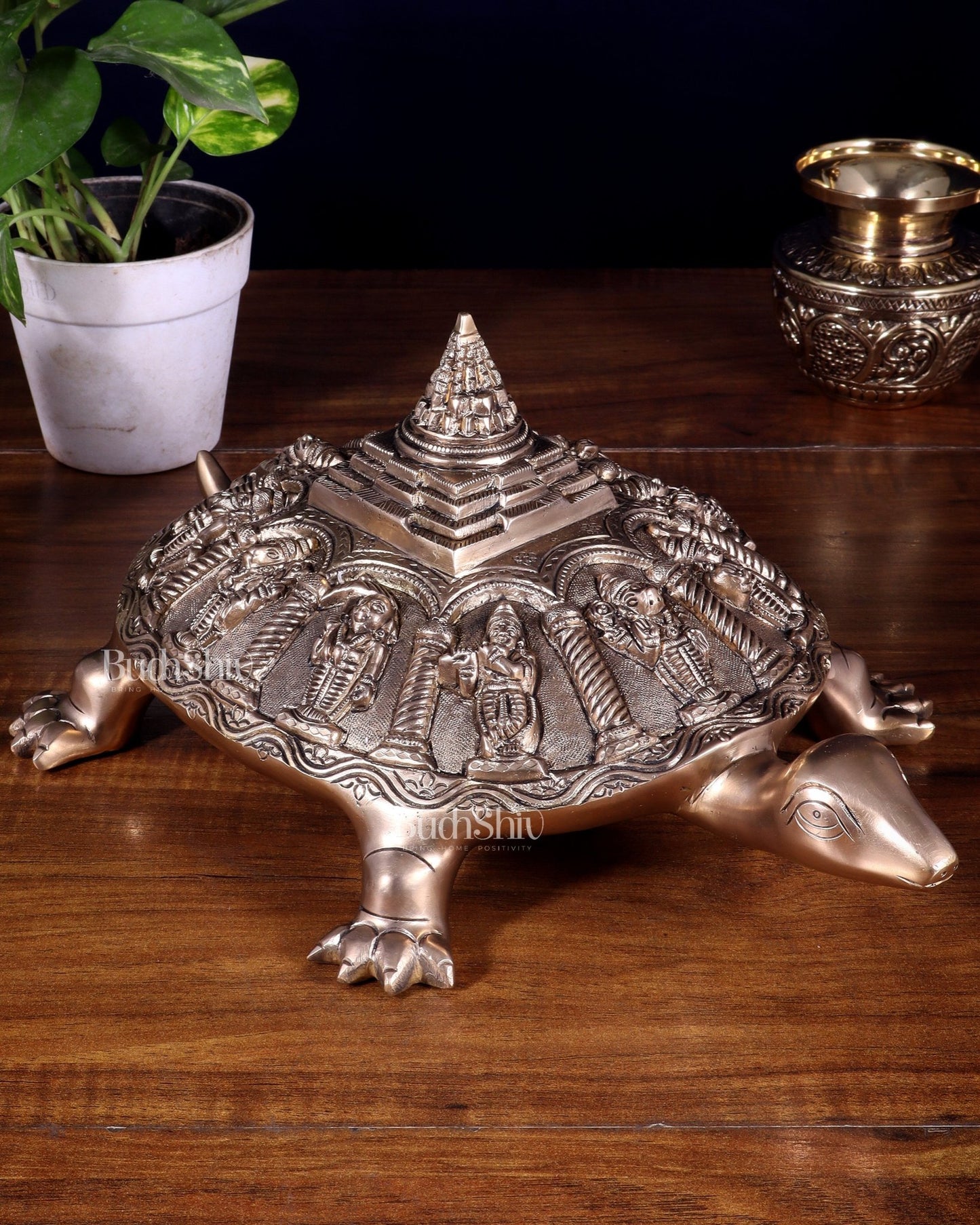 Handcrafted Brass Vishnu Dashavatars with Shree Yantra on Tortoise Base 13 inch - Budhshiv.com