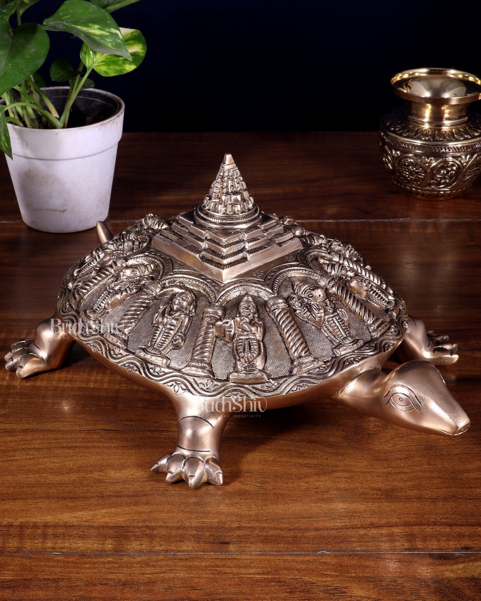 Handcrafted Brass Vishnu Dashavatars with Shree Yantra on Tortoise Base 13 inch - Budhshiv.com