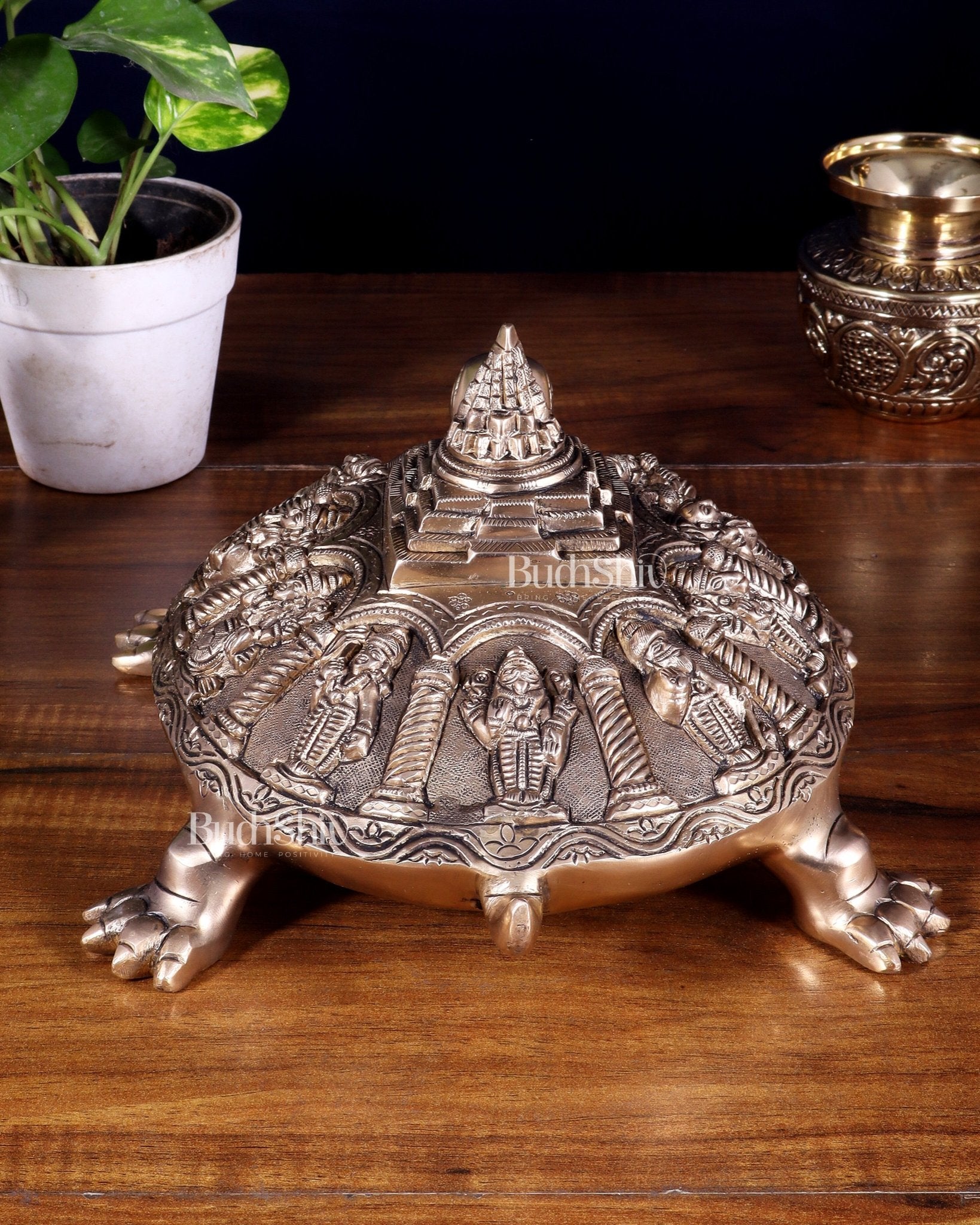 Handcrafted Brass Vishnu Dashavatars with Shree Yantra on Tortoise Base 13 inch - Budhshiv.com