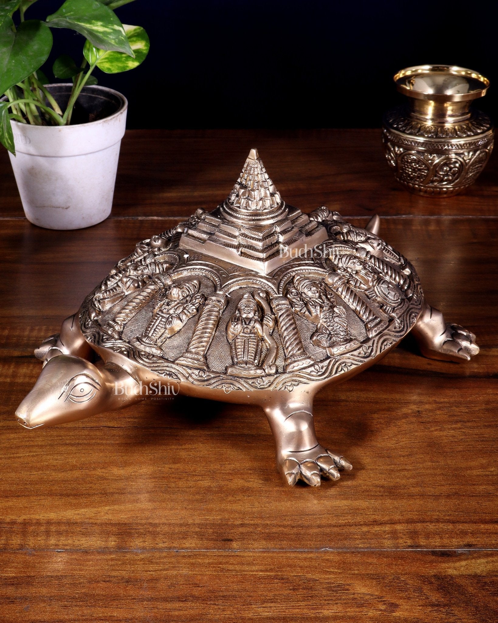 Handcrafted Brass Vishnu Dashavatars with Shree Yantra on Tortoise Base 13 inch - Budhshiv.com