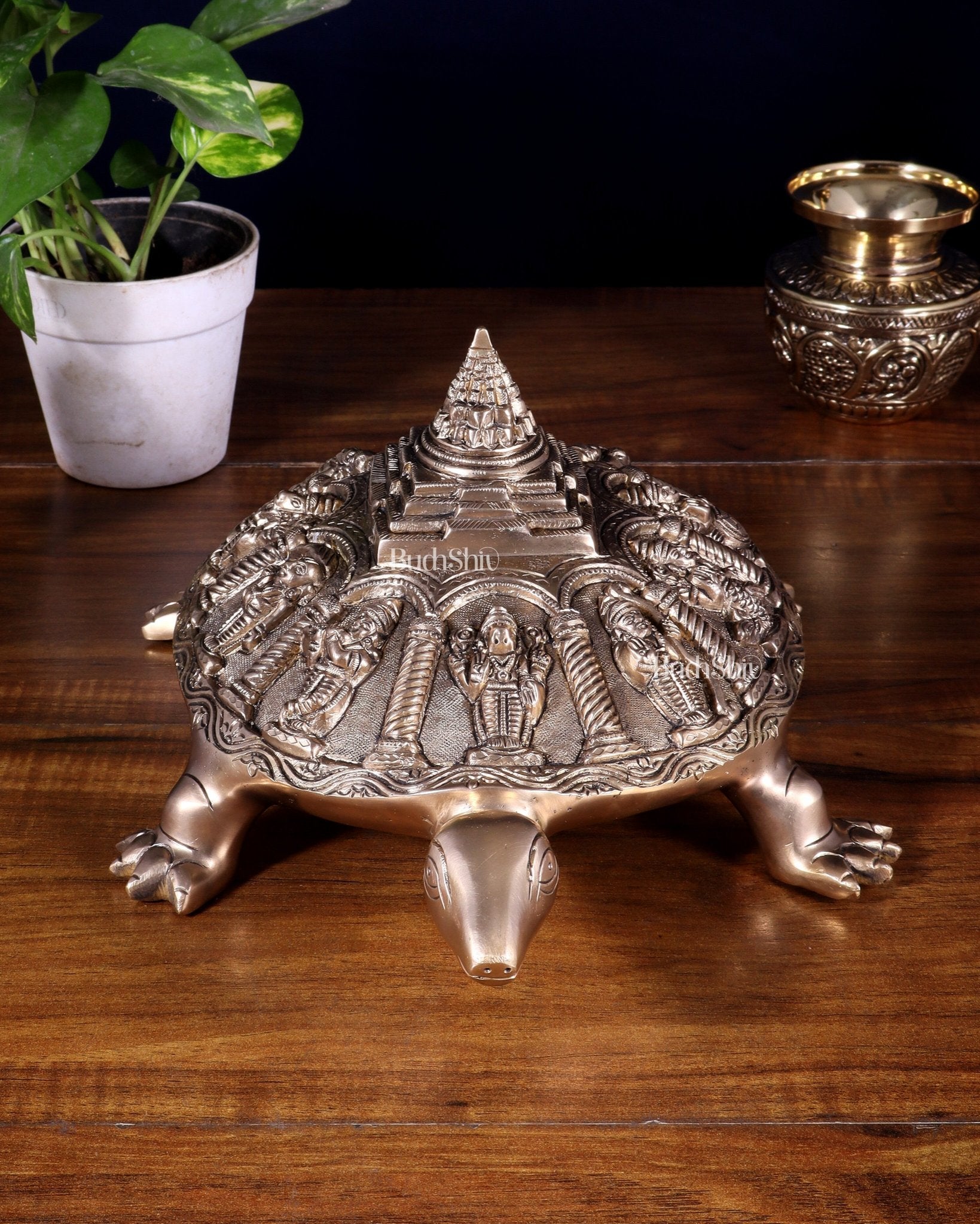 Handcrafted Brass Vishnu Dashavatars with Shree Yantra on Tortoise Base 13 inch - Budhshiv.com