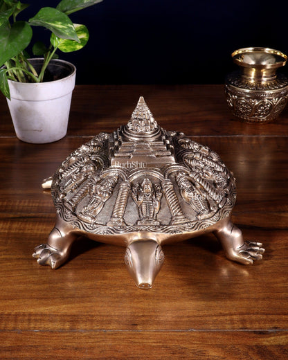 Handcrafted Brass Vishnu Dashavatars with Shree Yantra on Tortoise Base 13 inch - Budhshiv.com