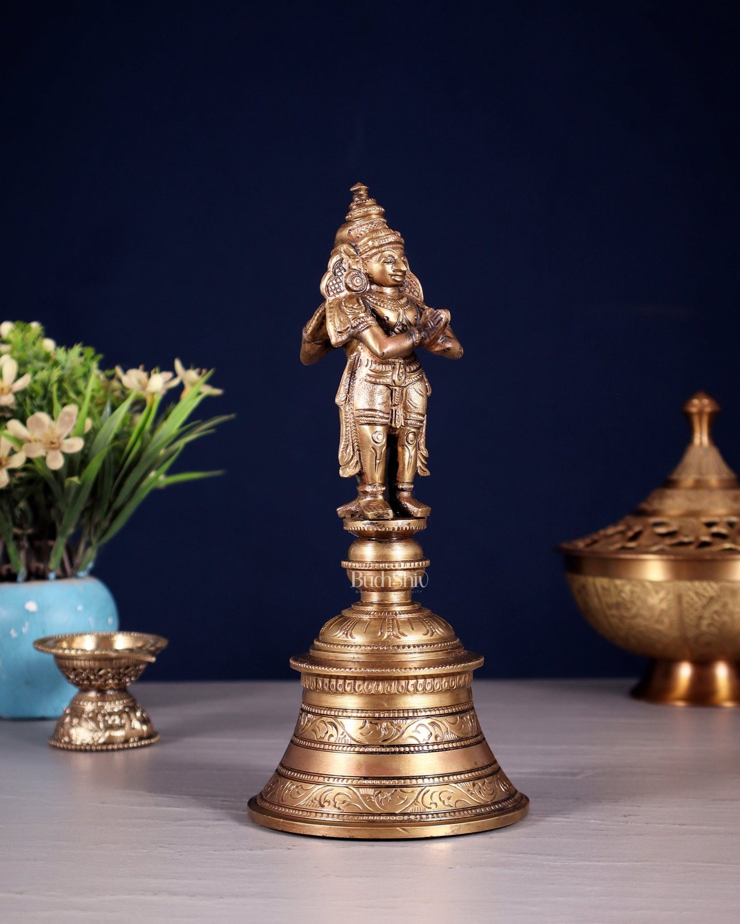 Handcrafted Bronze Garuda and Hanuman strong Hand Bell 8" - Budhshiv.com