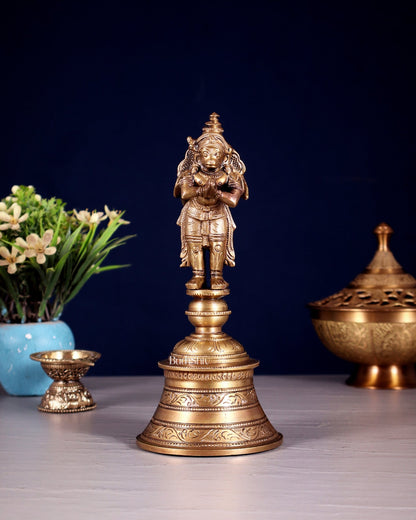 Handcrafted Bronze Garuda and Hanuman strong Hand Bell 8" - Budhshiv.com