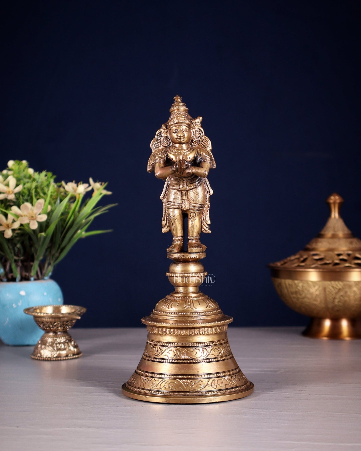 Handcrafted Bronze Garuda and Hanuman strong Hand Bell 8" - Budhshiv.com