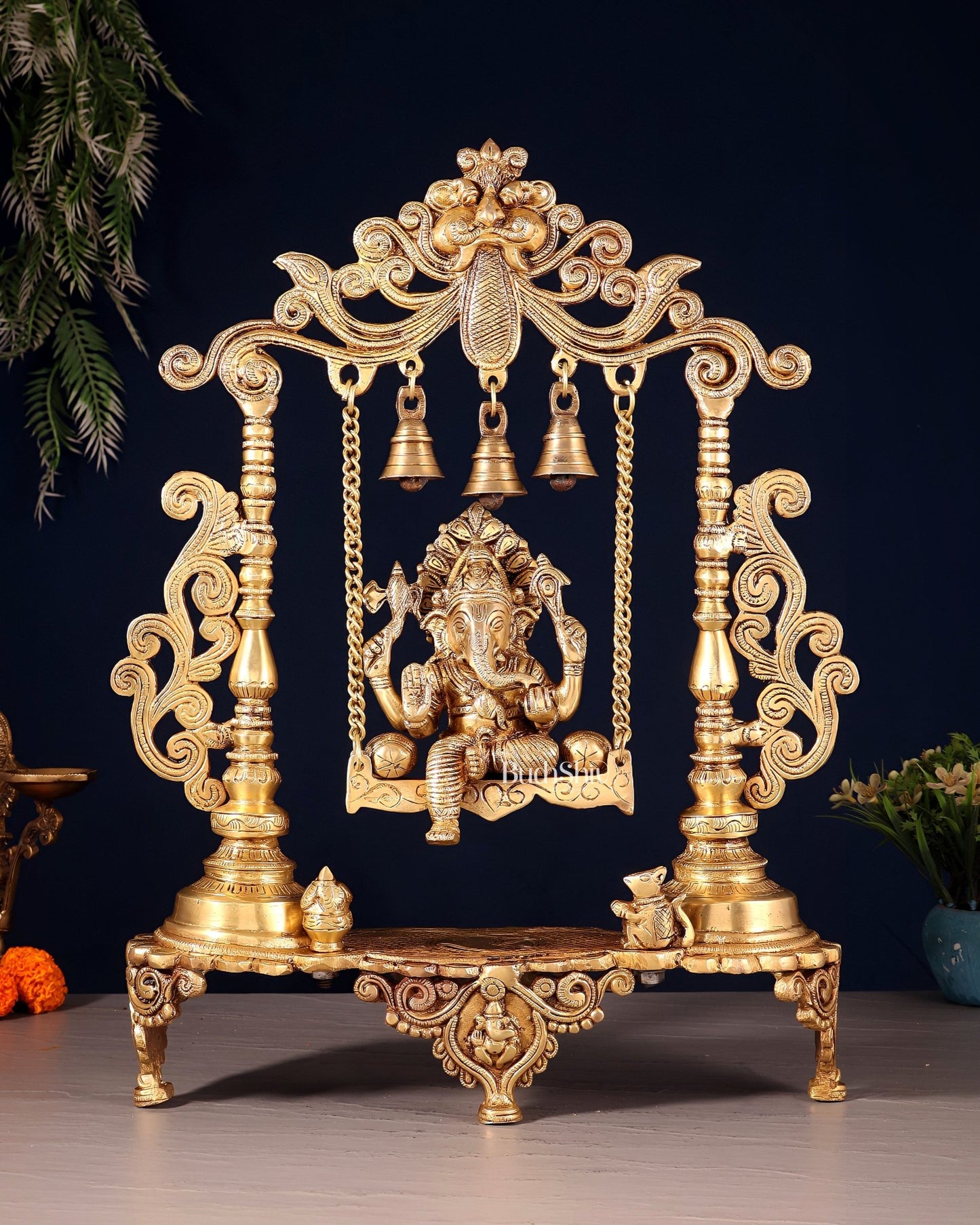 Handcrafted Ganesha on a Swing idol - Superfine Brass, 20" - Budhshiv.com