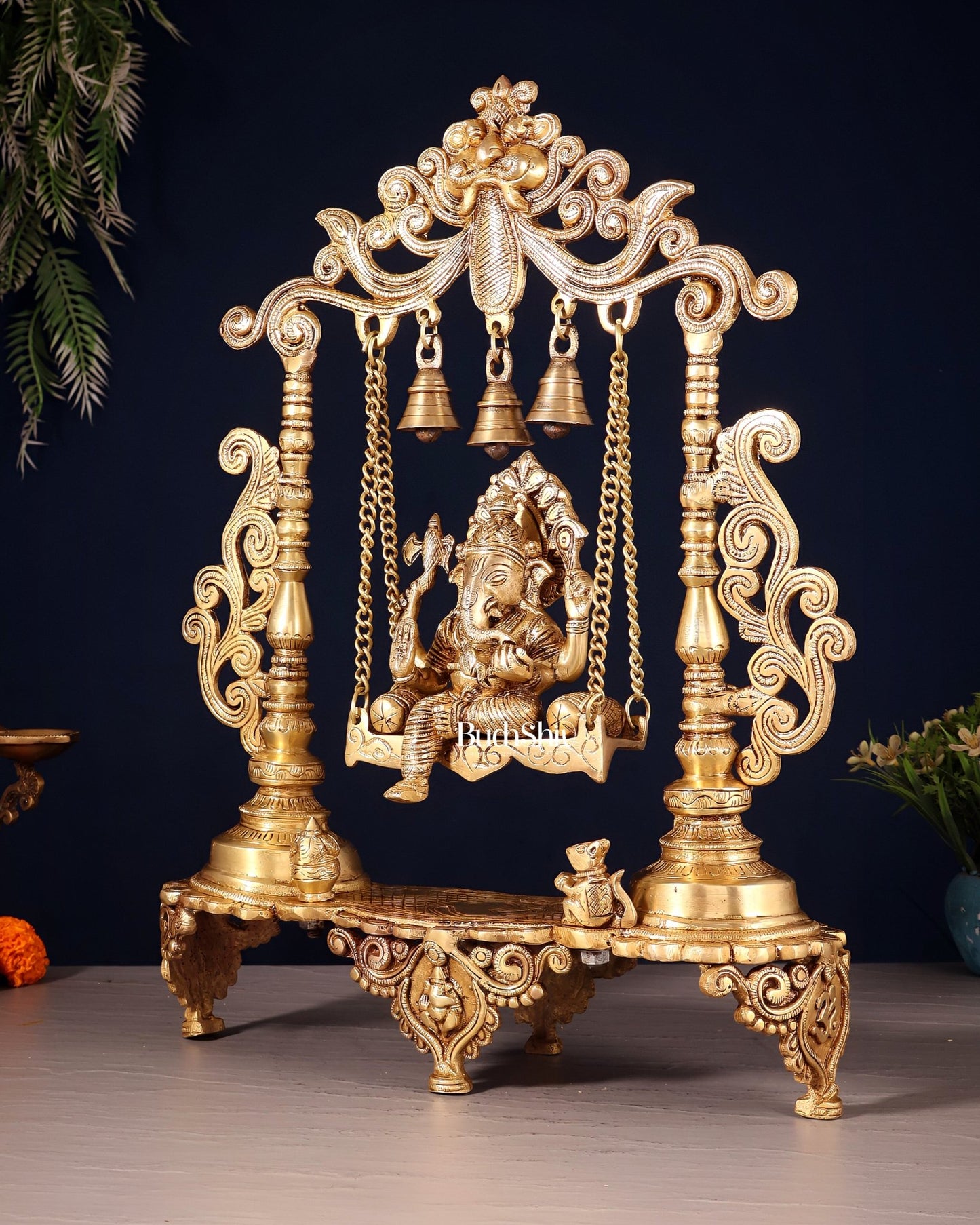 Handcrafted Ganesha on a Swing idol - Superfine Brass, 20" - Budhshiv.com
