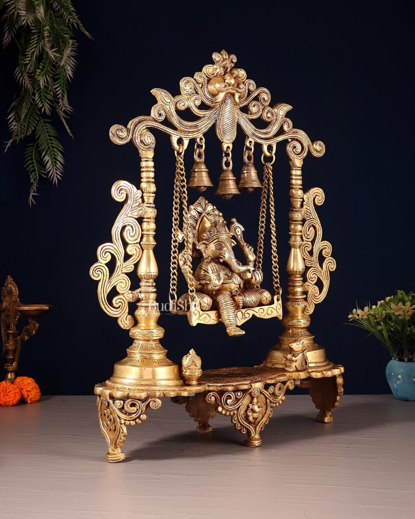 Handcrafted Ganesha on a Swing idol - Superfine Brass, 20" - Budhshiv.com