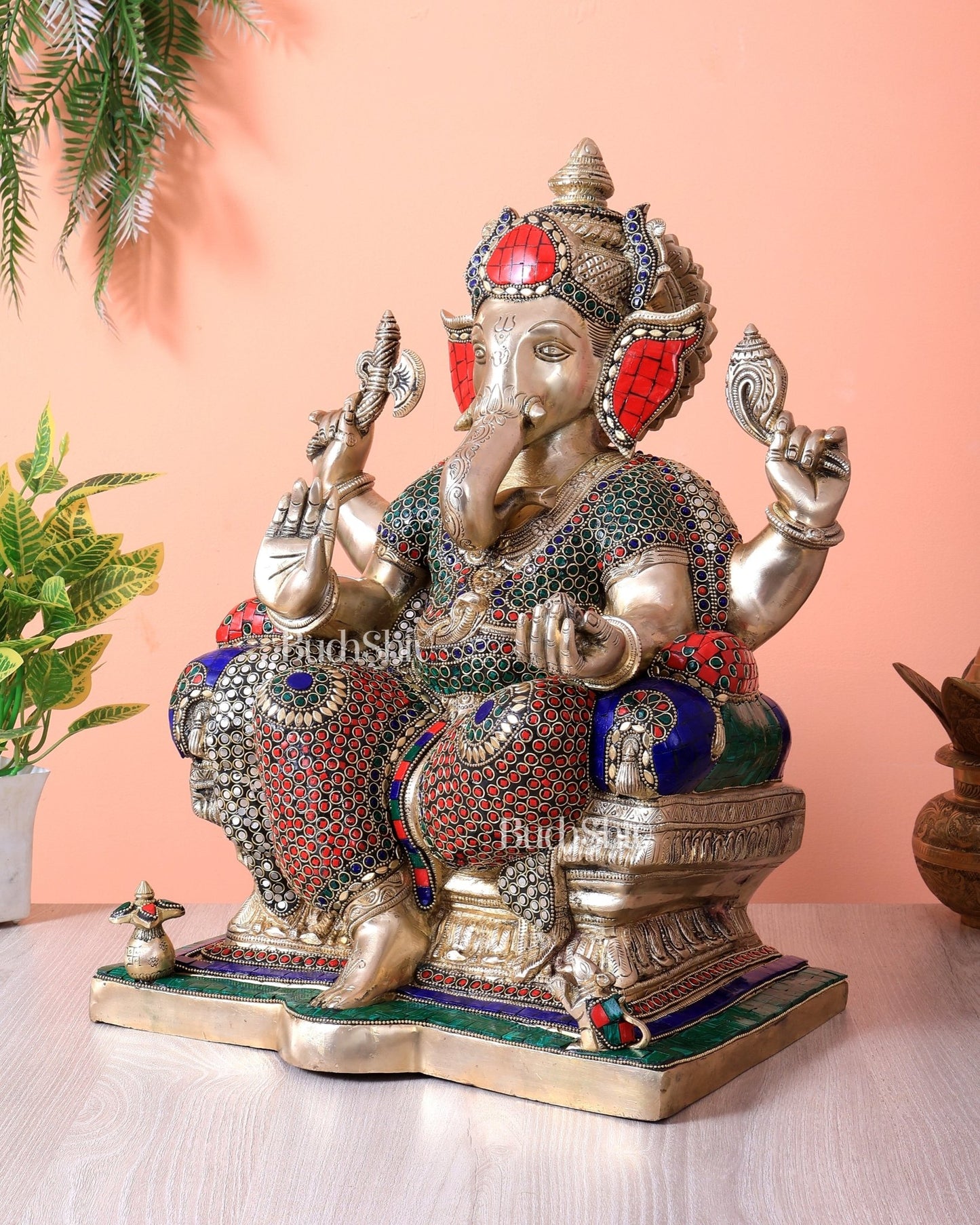 Handcrafted Ganesha Pure Brass statue with stonework - 18" - Budhshiv.com