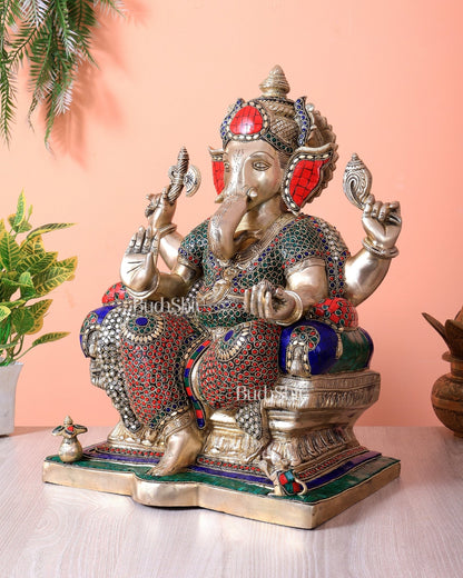 Handcrafted Ganesha Pure Brass statue with stonework - 18" - Budhshiv.com