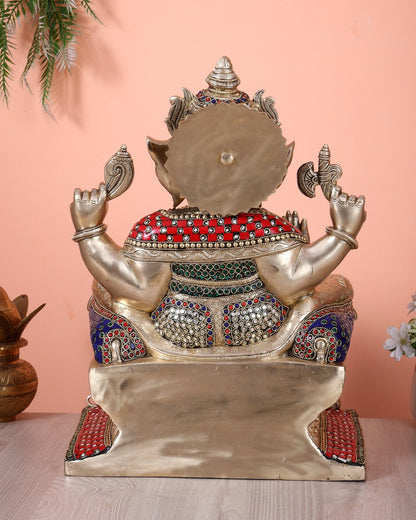 Handcrafted Ganesha Pure Brass statue with stonework - 18" - Budhshiv.com