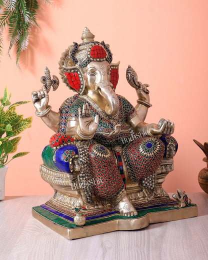 Handcrafted Ganesha Pure Brass statue with stonework - 18" - Budhshiv.com
