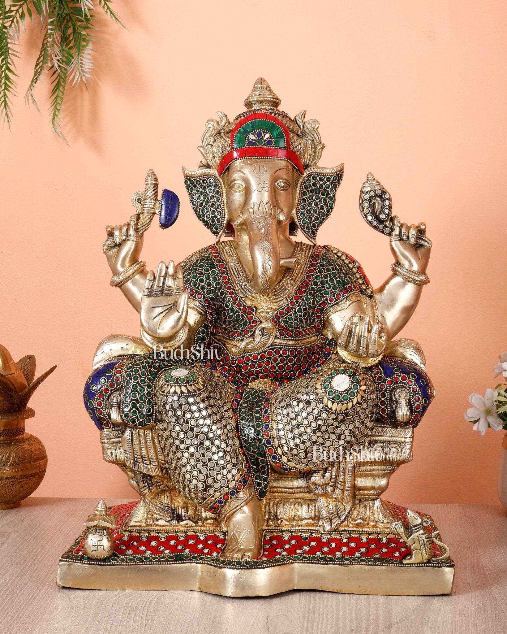 Handcrafted Ganesha Pure Brass statue with stonework - 18" - Budhshiv.com