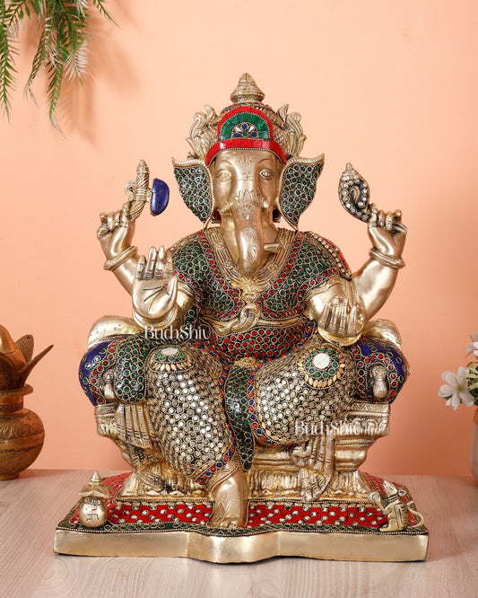Handcrafted Ganesha Pure Brass statue with stonework - 18" - Budhshiv.com