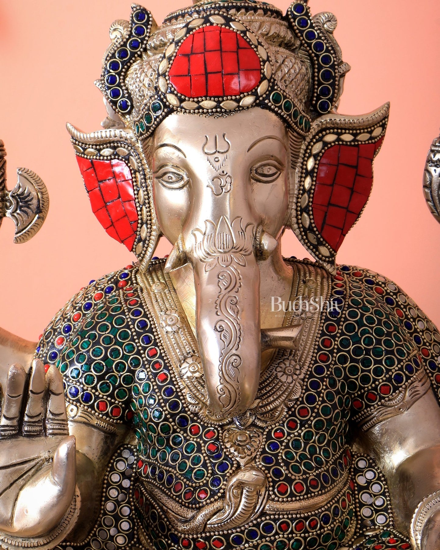 Handcrafted Ganesha Pure Brass statue with stonework - 18" - Budhshiv.com