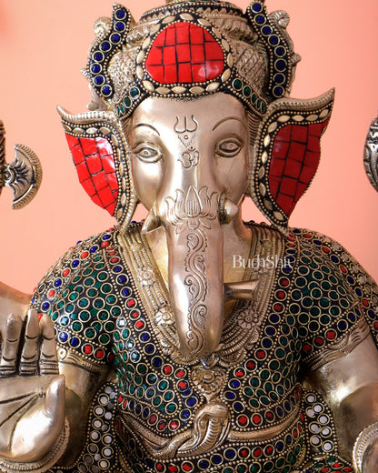 Handcrafted Ganesha Pure Brass statue with stonework - 18" - Budhshiv.com