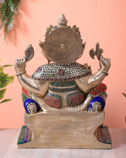 Handcrafted Ganesha Pure Brass statue with stonework - 18" - Budhshiv.com