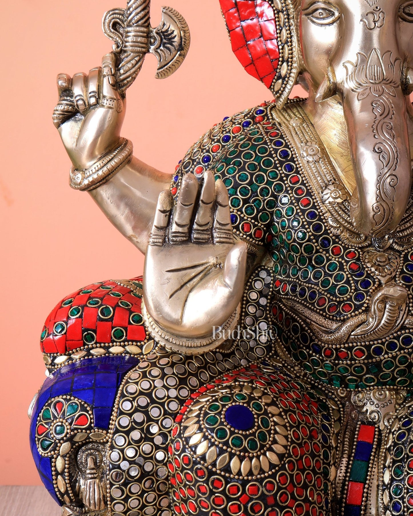 Handcrafted Ganesha Pure Brass statue with stonework - 18" - Budhshiv.com