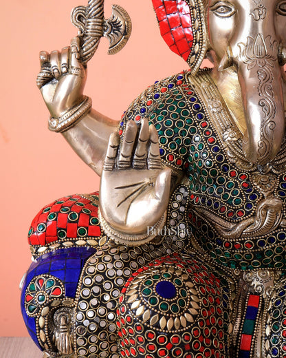 Handcrafted Ganesha Pure Brass statue with stonework - 18" - Budhshiv.com