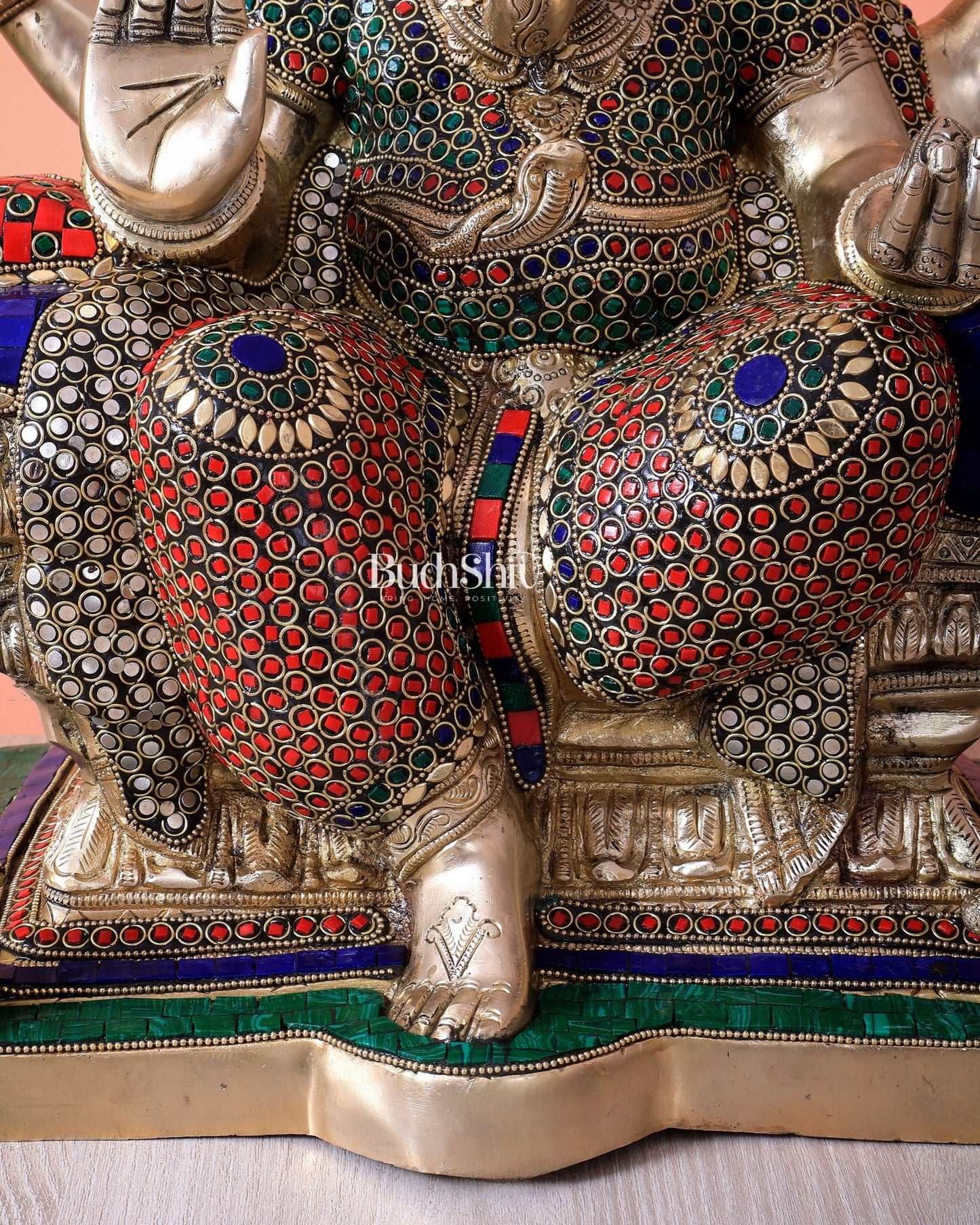 Handcrafted Ganesha Pure Brass statue with stonework - 18" - Budhshiv.com