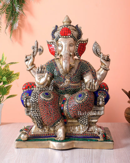 Handcrafted Ganesha Pure Brass statue with stonework - 18" - Budhshiv.com