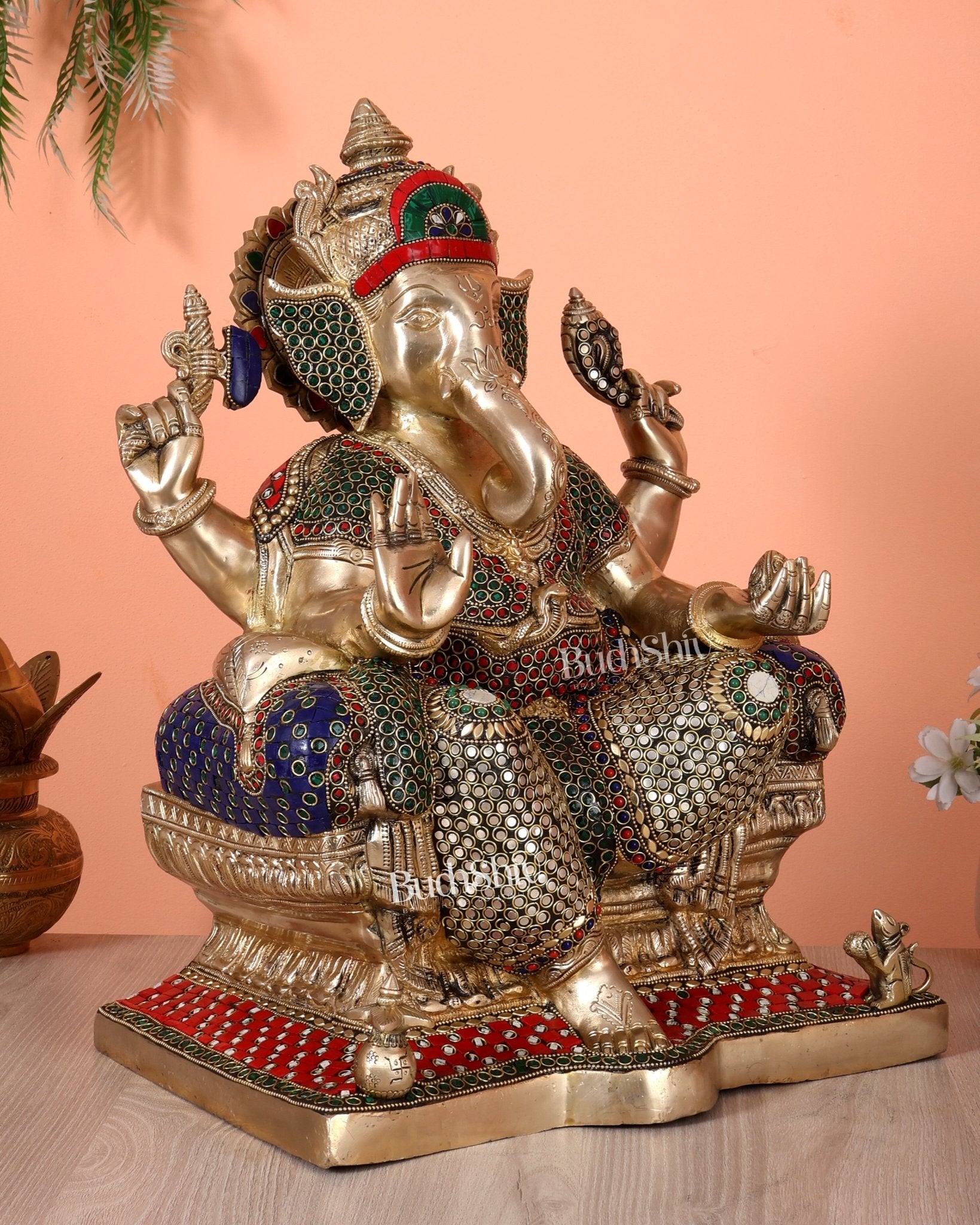 Handcrafted Ganesha Pure Brass statue with stonework - 18" - Budhshiv.com