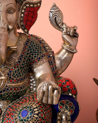 Handcrafted Ganesha Pure Brass statue with stonework - 18" - Budhshiv.com