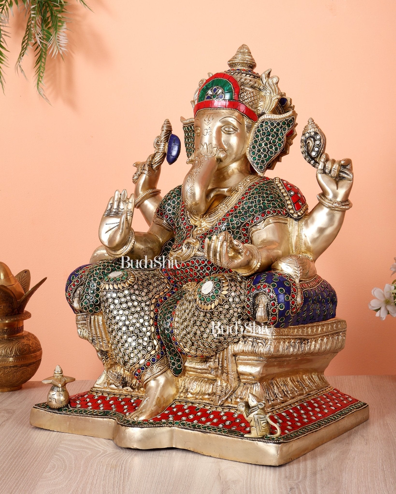 Handcrafted Ganesha Pure Brass statue with stonework - 18" - Budhshiv.com