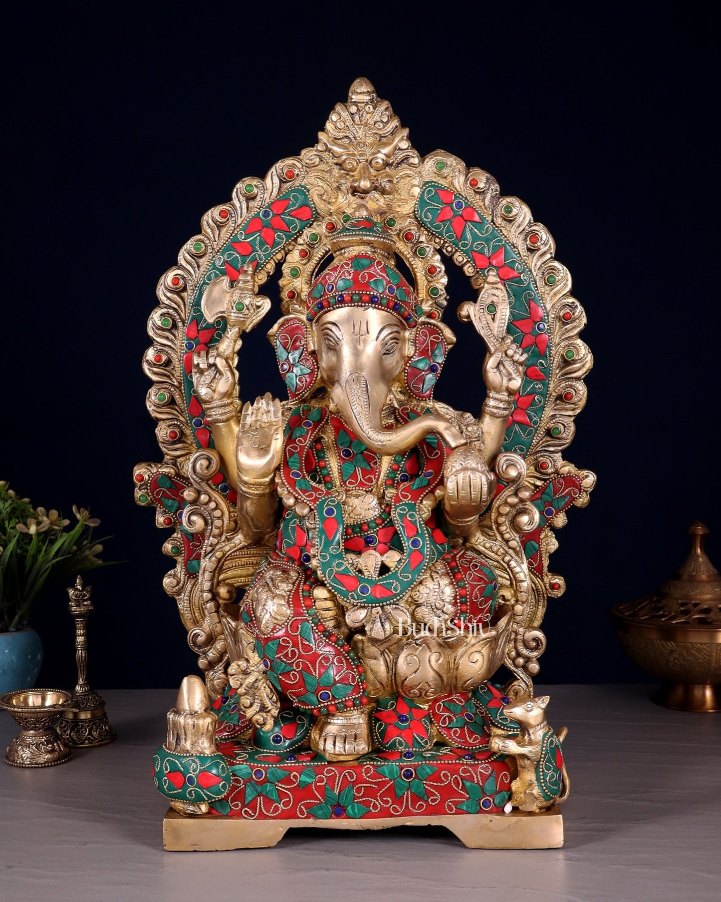 Handcrafted Ganesha Statue 18 inch floral stonework - Budhshiv.com