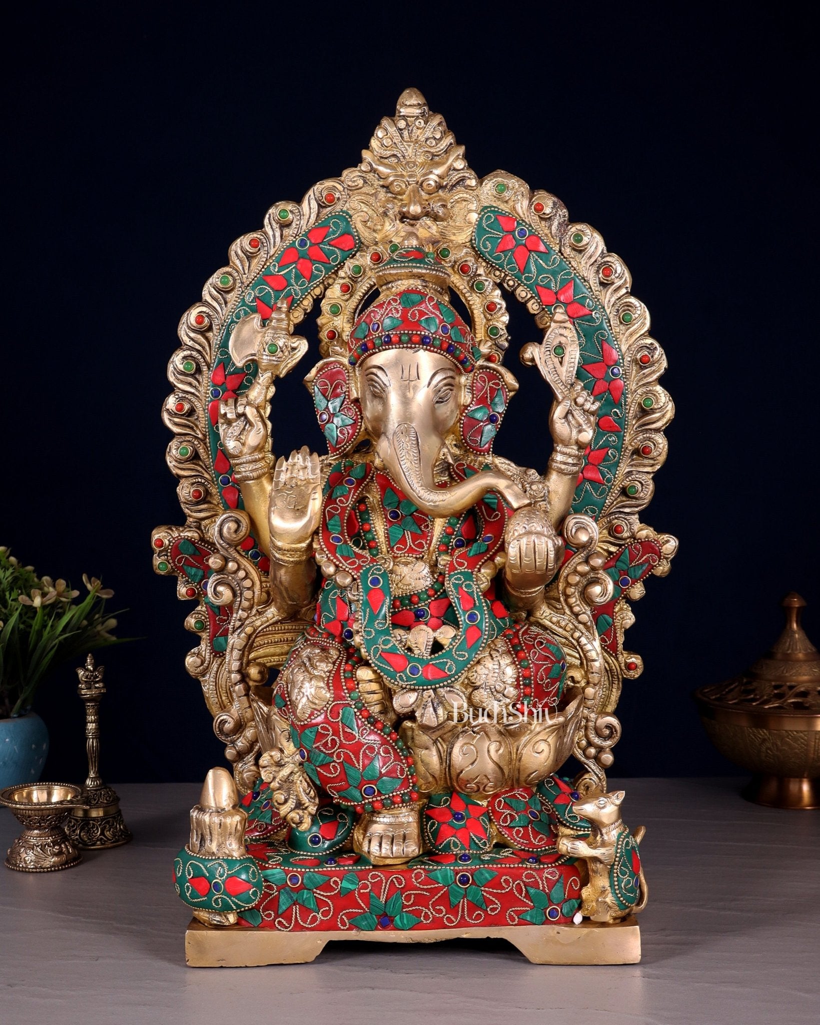 Handcrafted Ganesha Statue 18 inch floral stonework - Budhshiv.com