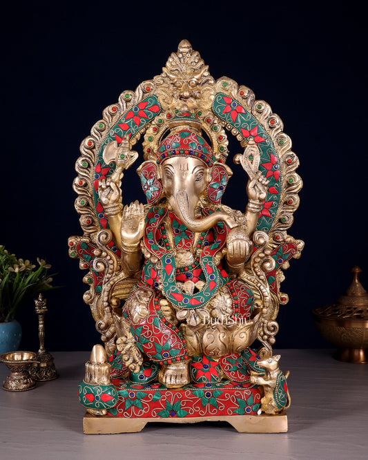 Handcrafted Ganesha Statue 18 inch floral stonework - Budhshiv.com