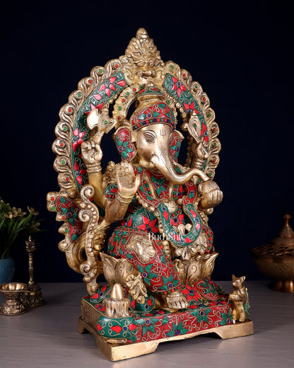 Handcrafted Ganesha Statue 18 inch floral stonework - Budhshiv.com