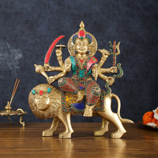 Handcrafted Goddess Durga/Sherawali Mata Statue – 14" Height, Intricate Stonework - Budhshiv.com